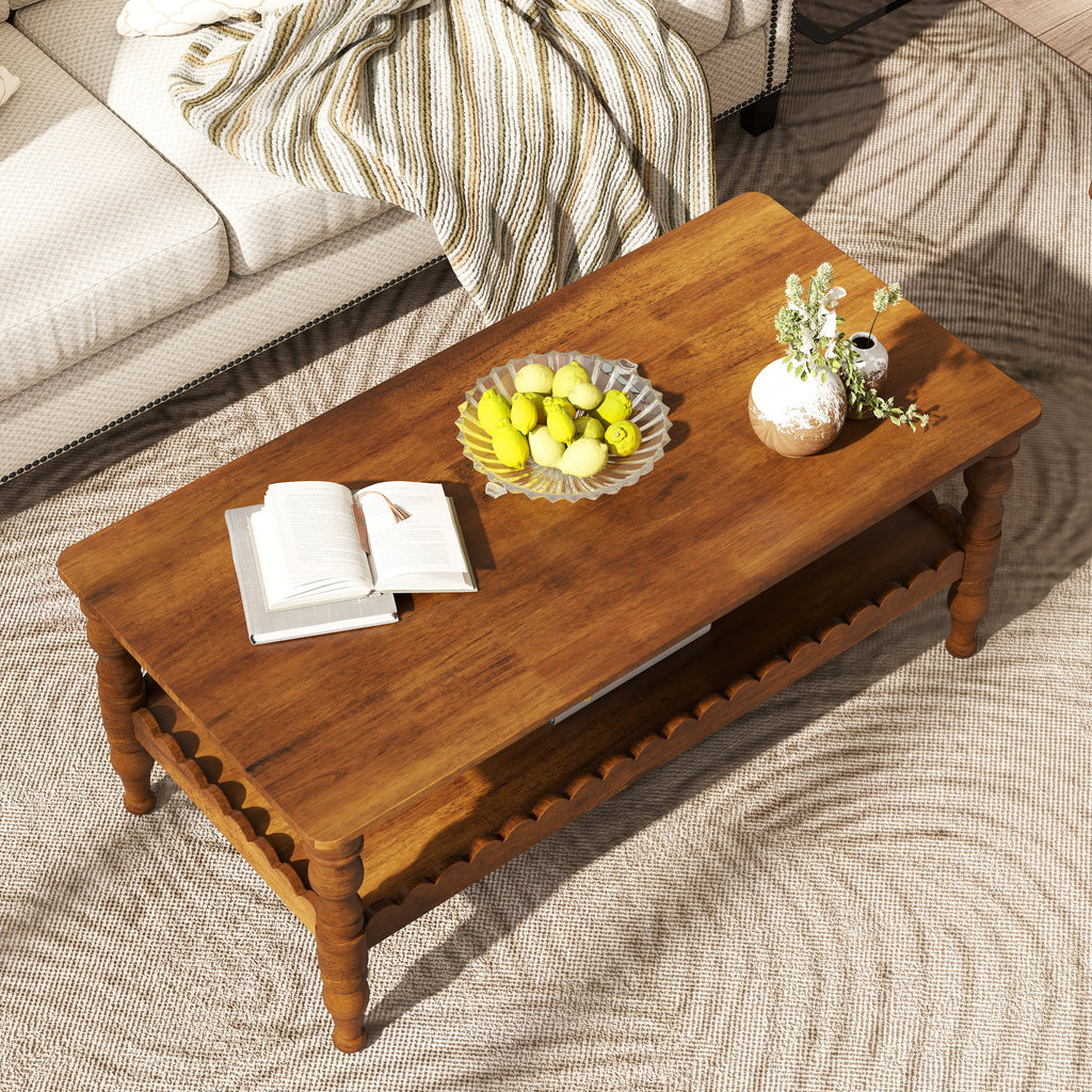 Rectangle Coffee Table Solid Wood Coffee Table with Storage Shelf,Farmhouse 2-Tier Center Table Lacquered Classical Legs,Easy Assembly Apartment Center Sofa Table  for Living Room