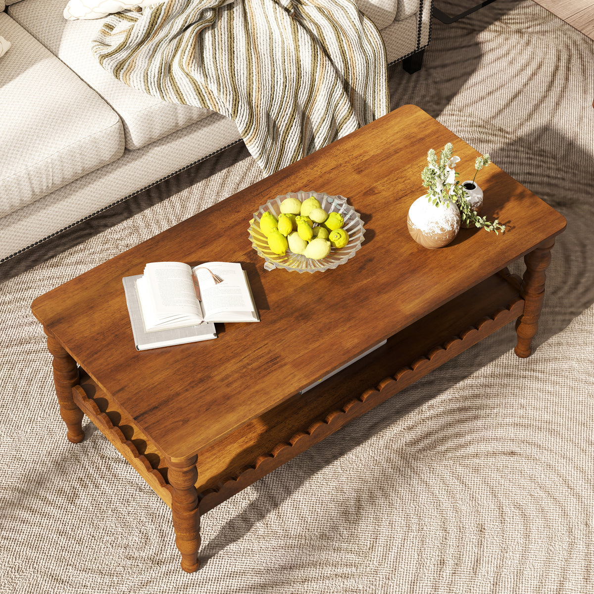 Rectangle Coffee Table Solid Wood Coffee Table with Storage Shelf,Farmhouse 2-Tier Center Table Lacquered Classical Legs,Easy Assembly Apartment Center Sofa Table  for Living Room