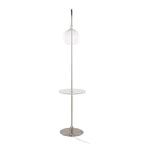 Trombone Contemporary Floor Lamp in Nickel Metal with Clear Glass Shelf