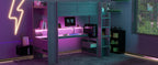 Wood Twin Size Gaming Loft Bed with Desk, Multi-storage Shelves, LED and Charging Station