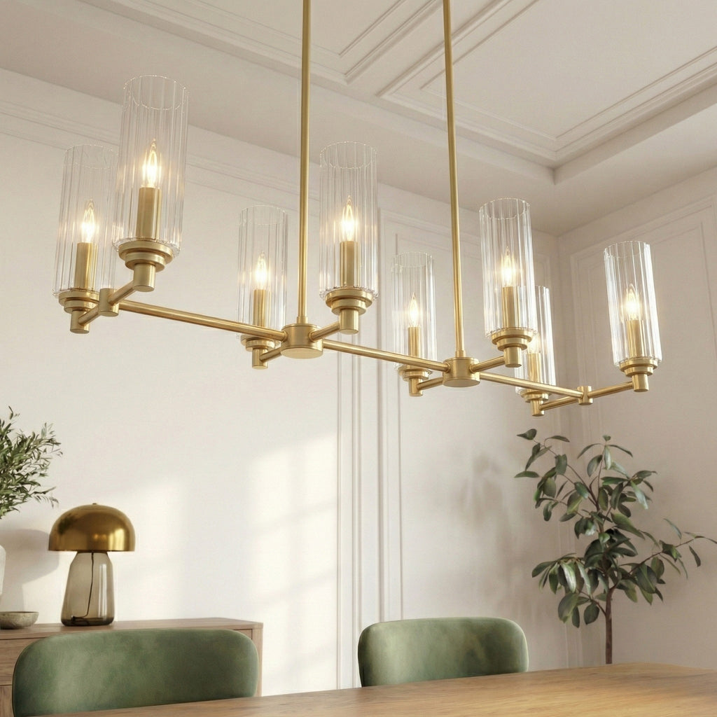 Willow Eight Lights Island with Clear Ribbed Glass Pendant Lamp - Satin