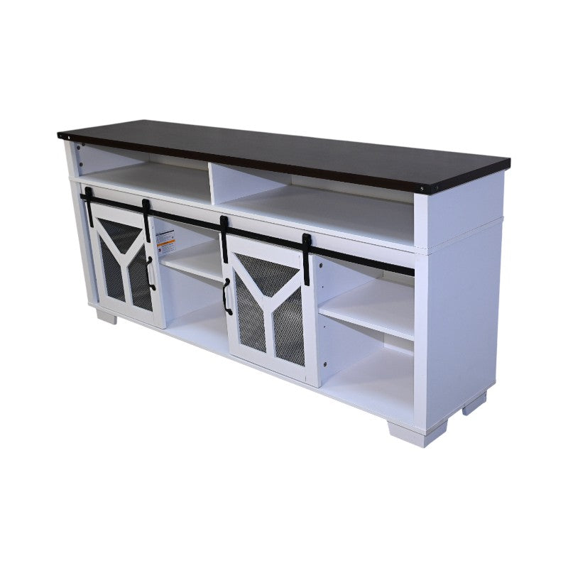 65.3" TV Stand with LED Light Strips and Iron Mesh Barn Door