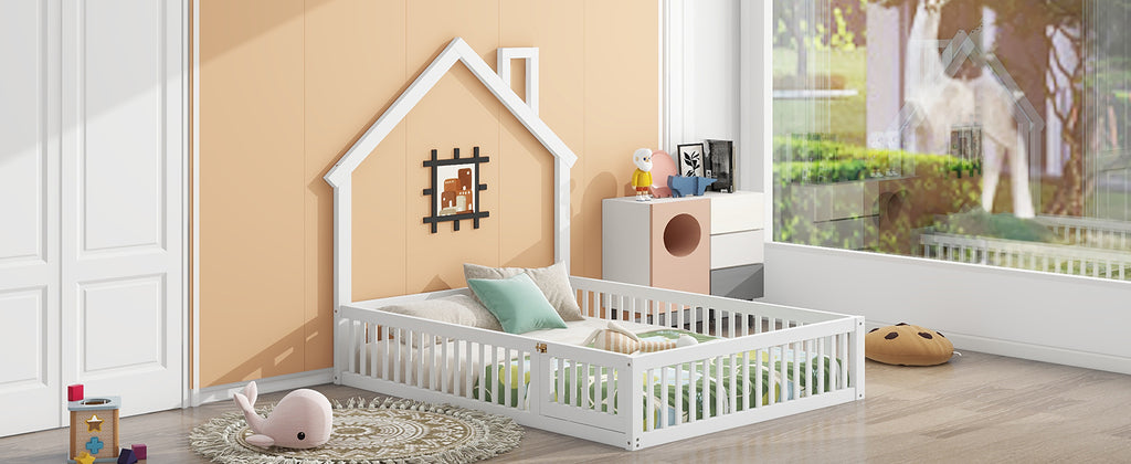 Wood Full Size House Platform Bed with Guardrail