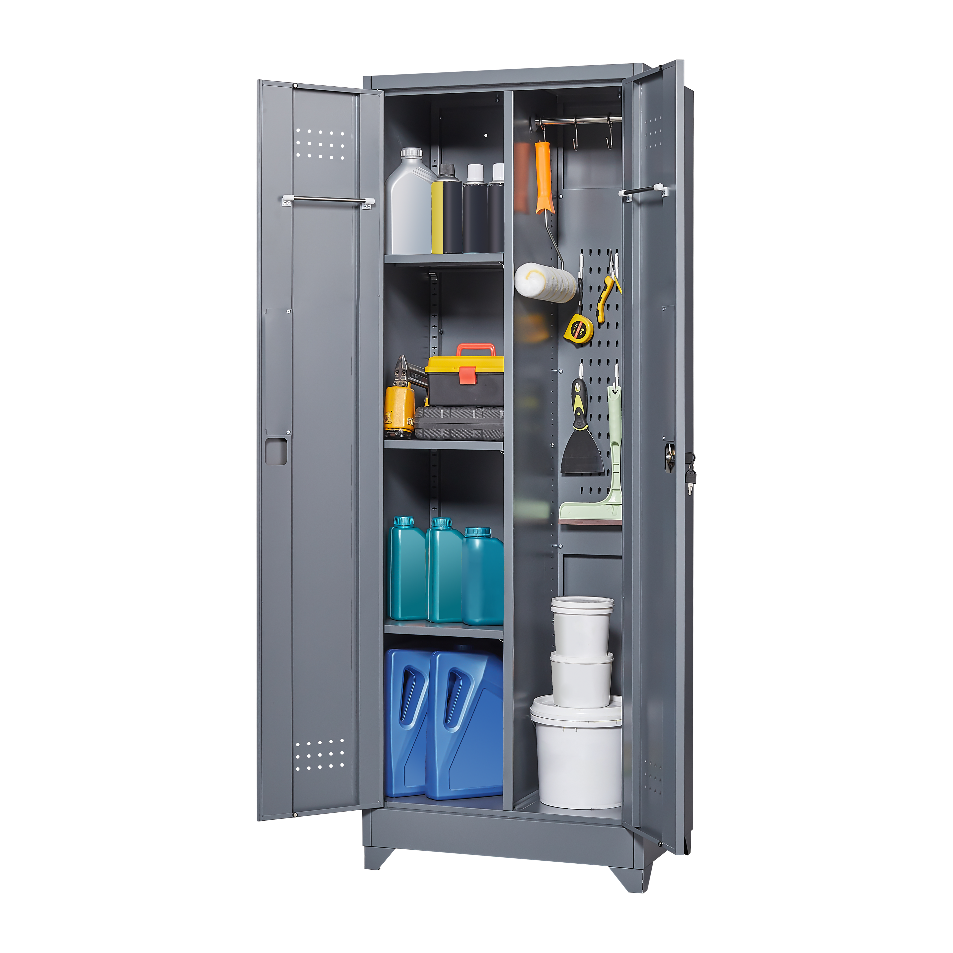 Broom Storage Cabinet With Locking Doors And Shelves