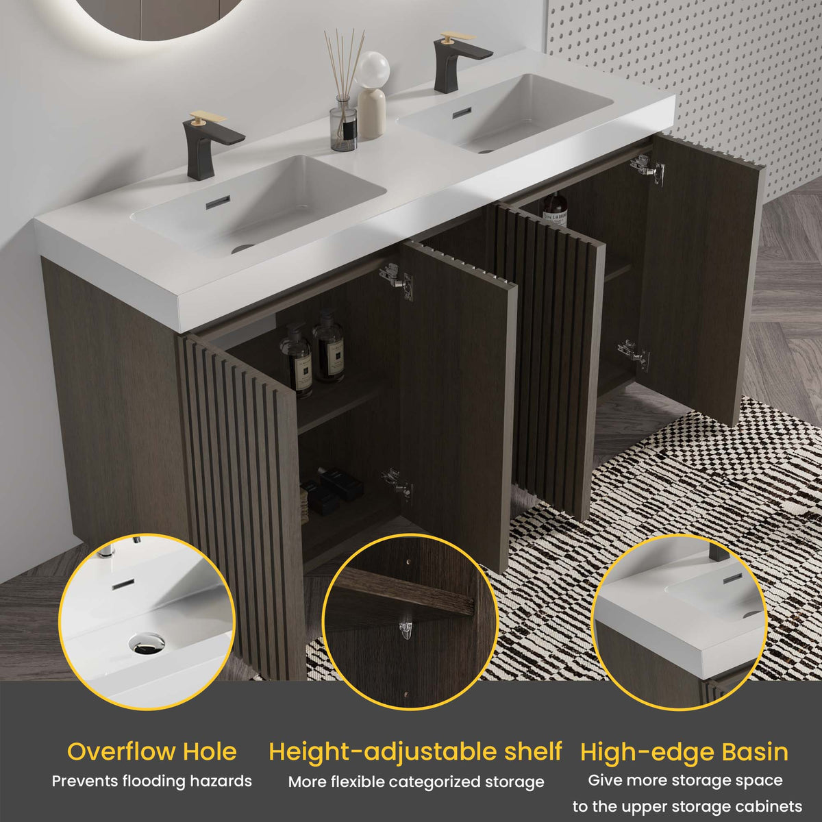GALAN 60-Inch Bathroom Vanity with Double Sinks, Smoked Oak