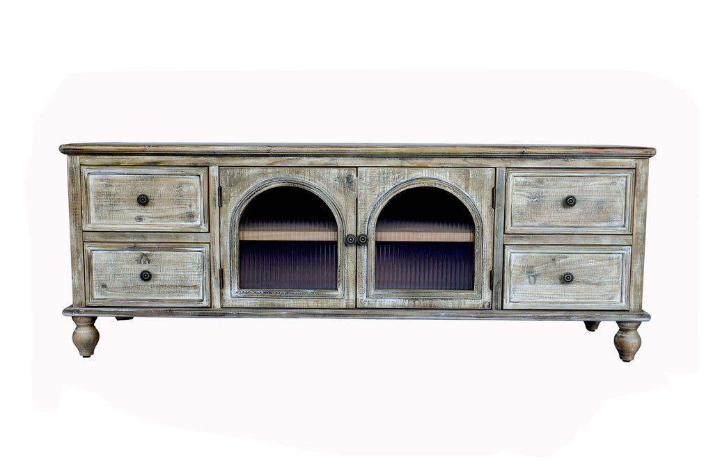 60" Farmhouse TV Stand with 4 Drawers & 2 Glass Doors