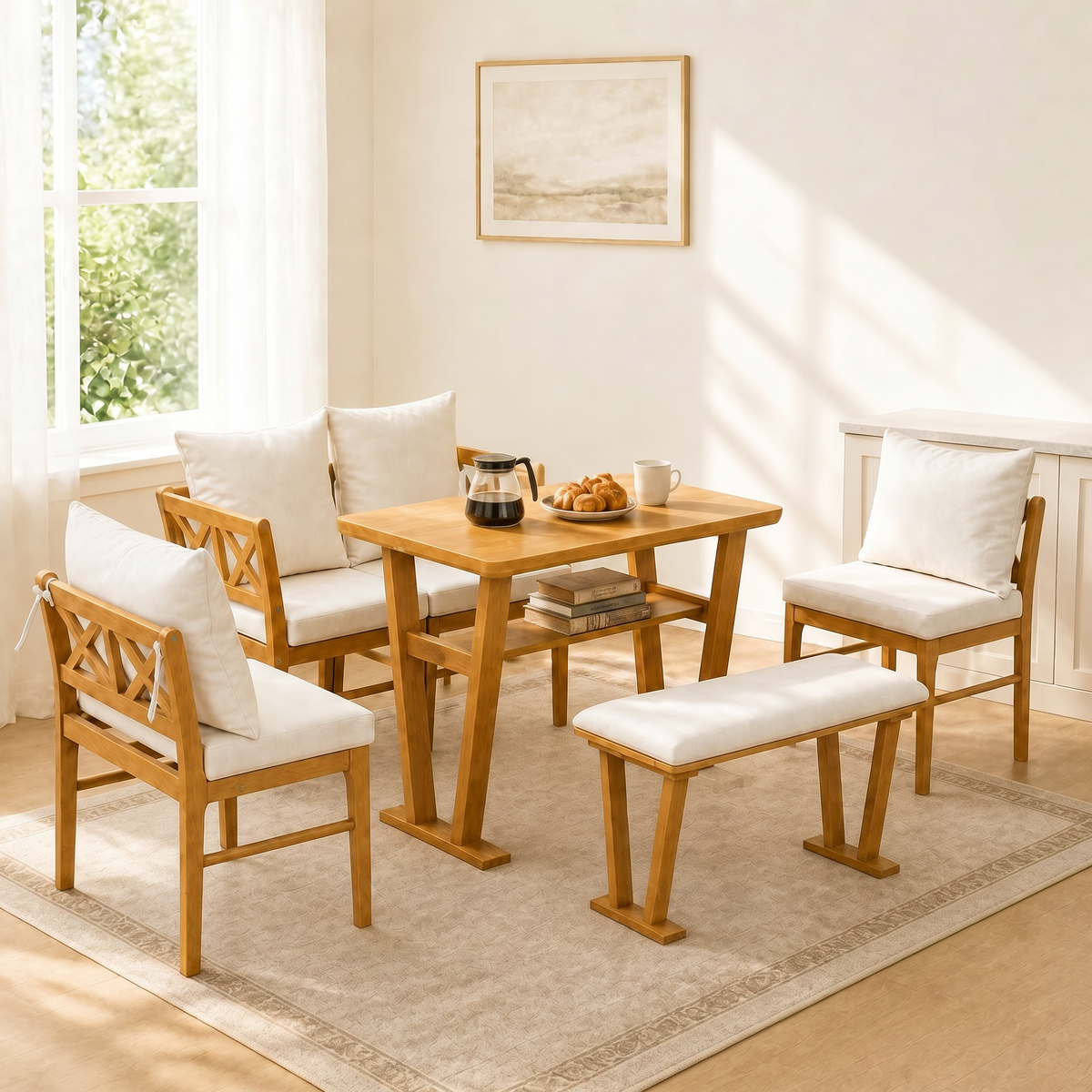 6-Piece Farmhouse Solid Wood Dining Nook Set, Space-Saving Corner Table with Bench and Chairs