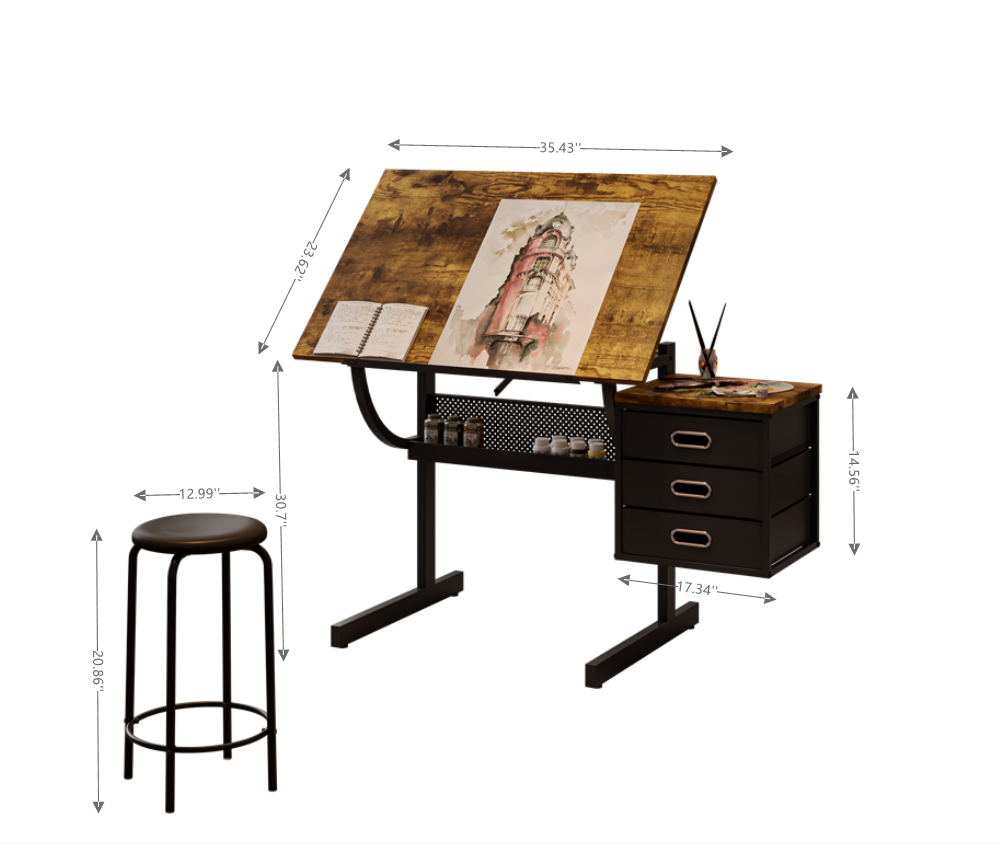 Black Drafting Drawing Table with Adjustable Top, Stool, and 3 Drawers