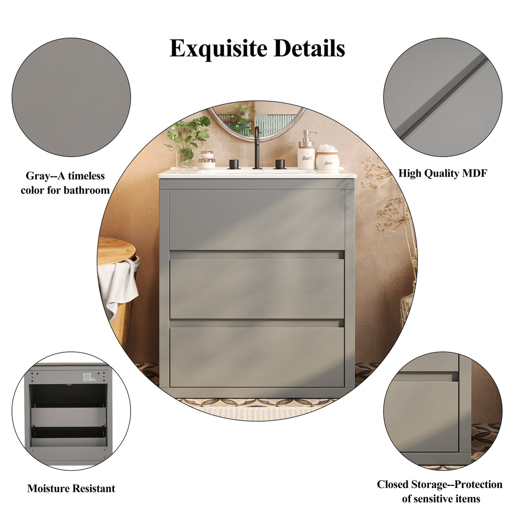 30" Bathroom Vanity with Ceramic Sink and 2 Full-Extension Drawers