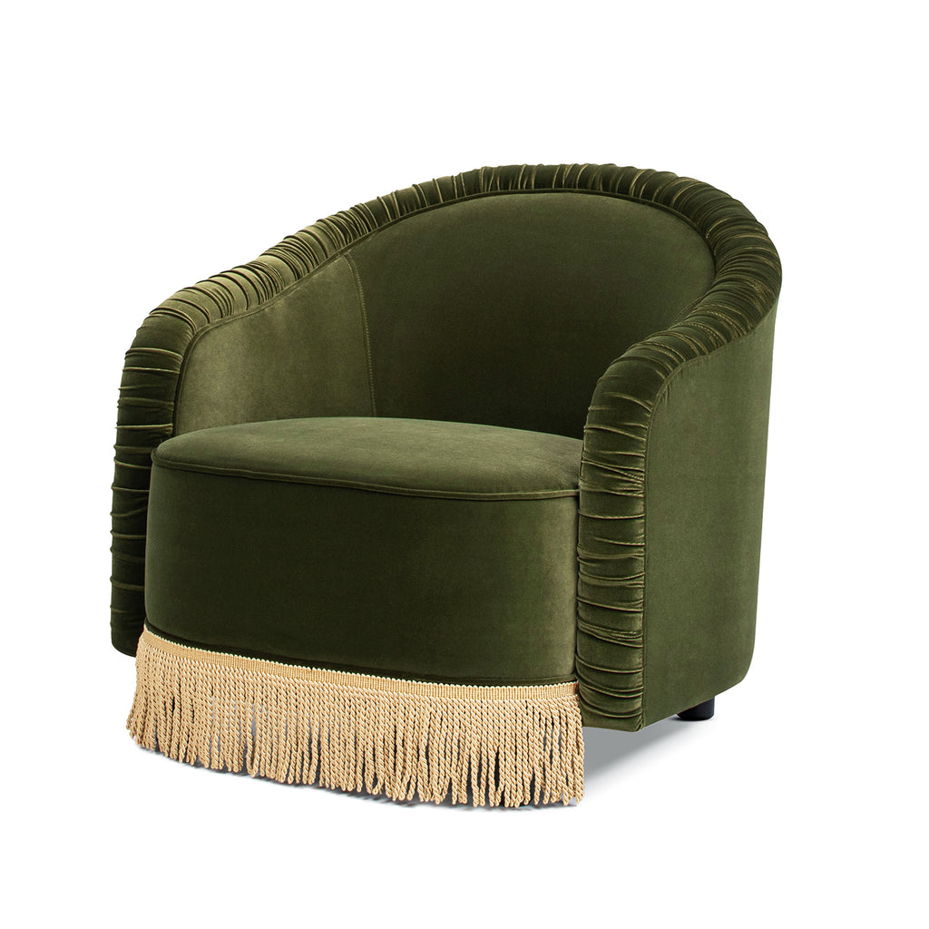 Serena 31.5" Ruched Barrel Back Accent Arm Chair with Bullion Fringe