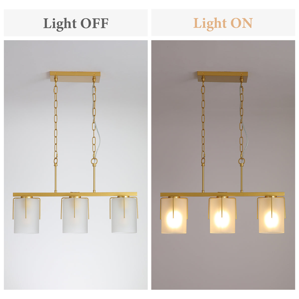 Modern Gold 3-Light Linear Chandelier with Frosted Glass Shades