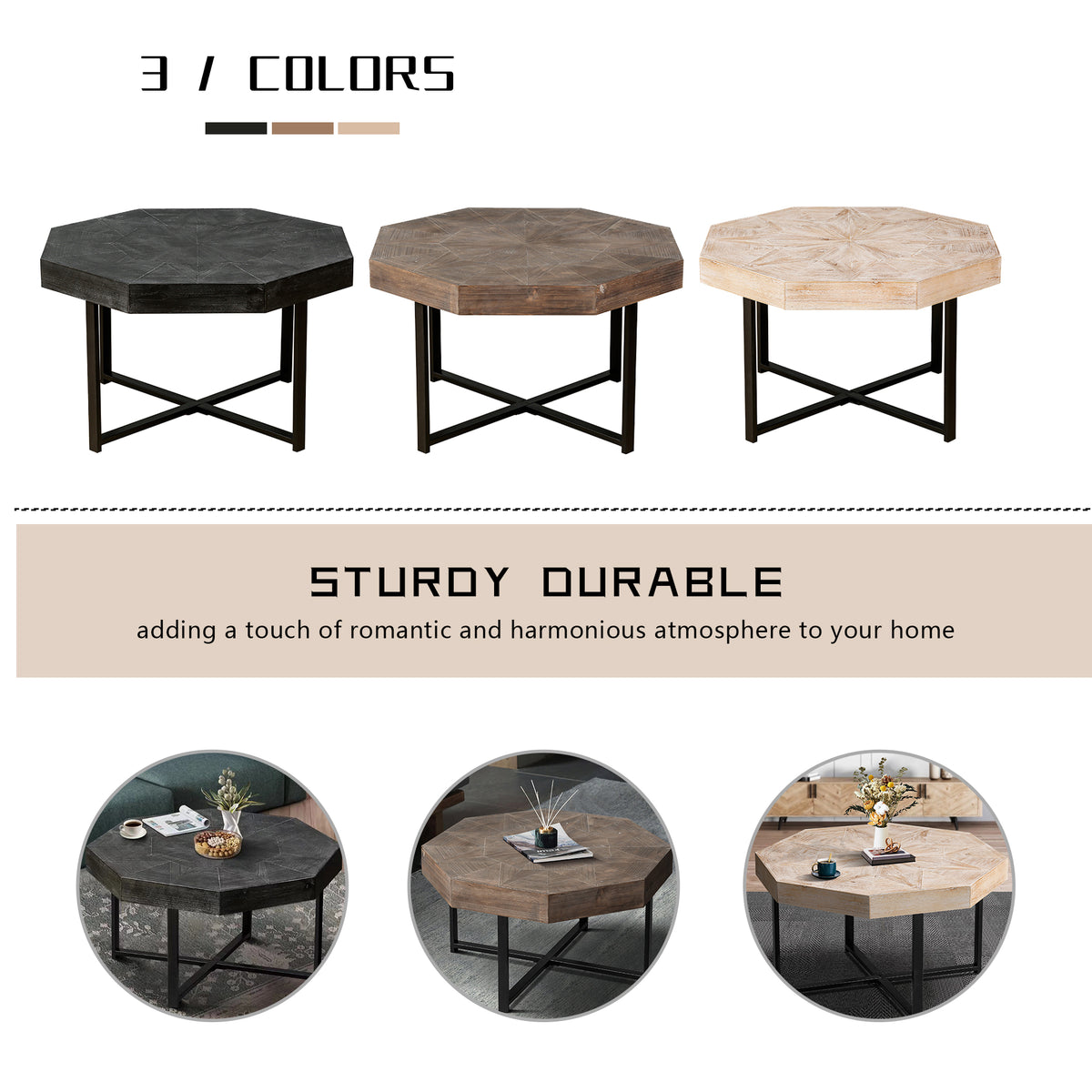 Wood Octagonal Vintage Patchwork Craft Farmhouse Coffee Table