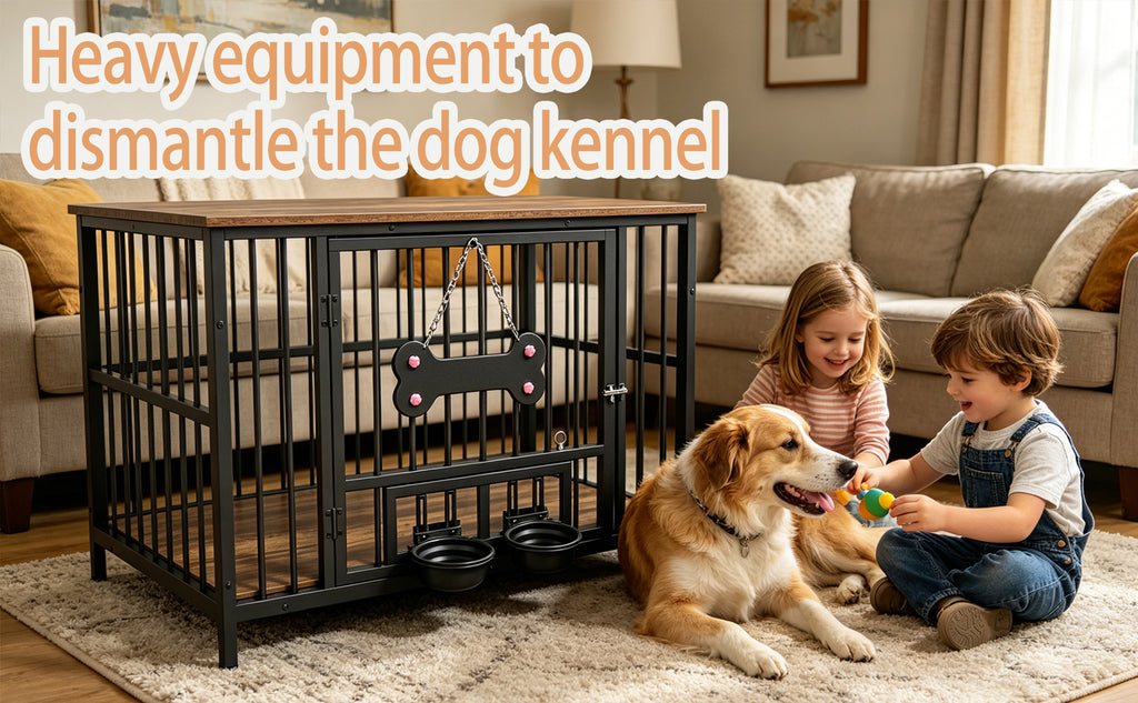 Vintage Wood Grain Dog Cage with 360 Degree Rotating Bowl