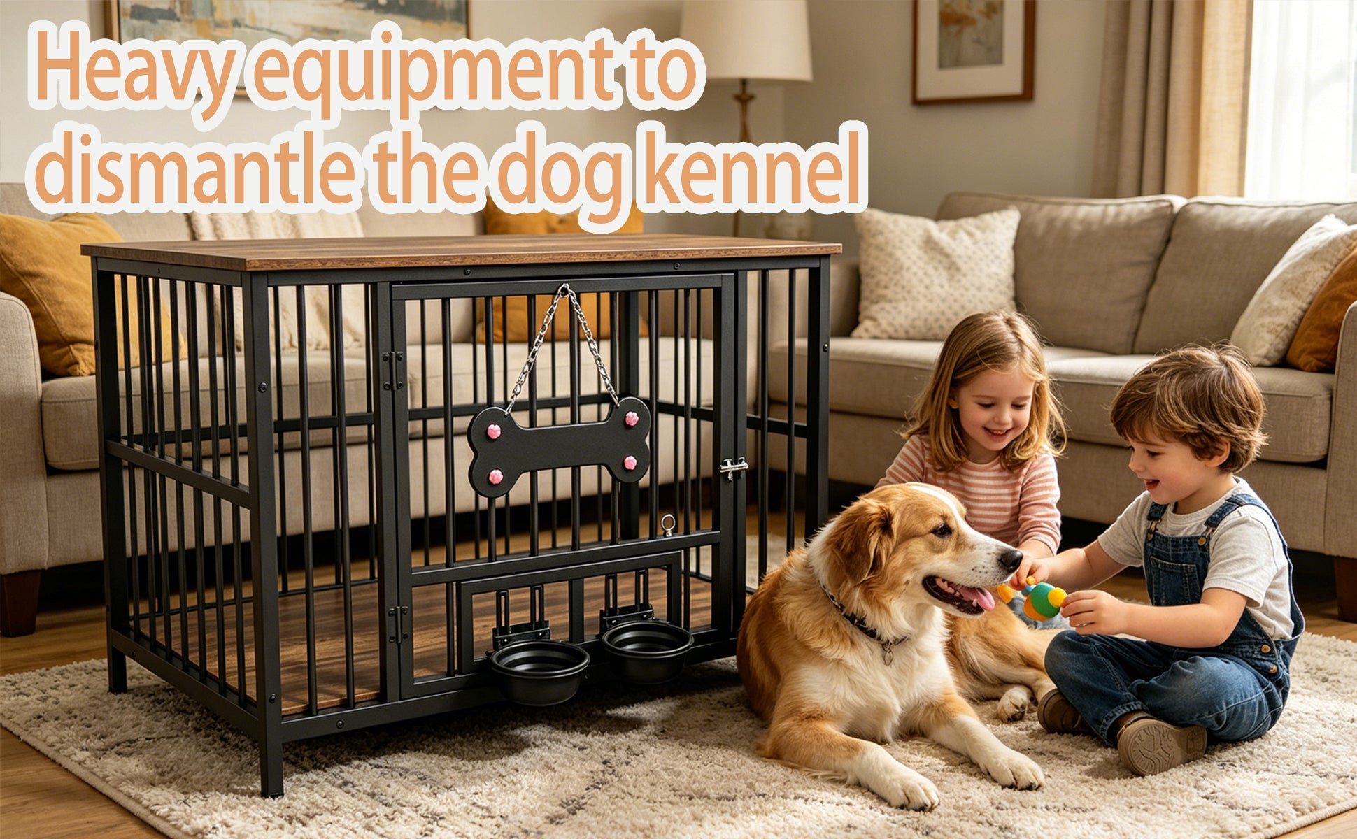 Vintage Wood Grain Dog Cage with 360 Degree Rotating Bowl