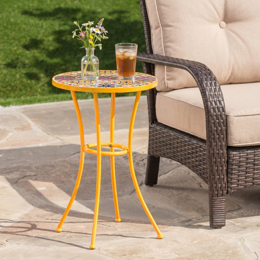 Outdoor Side Table with Tile Mosaic Table Top and Metal Legs