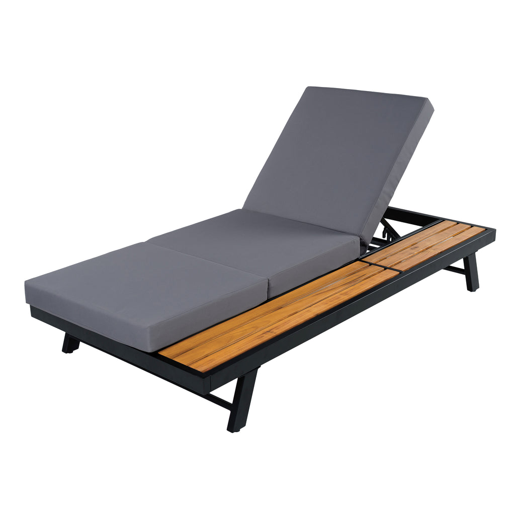 Black Iron + Teak Finish Chaise Lounge Set with Dark Grey Cushion
