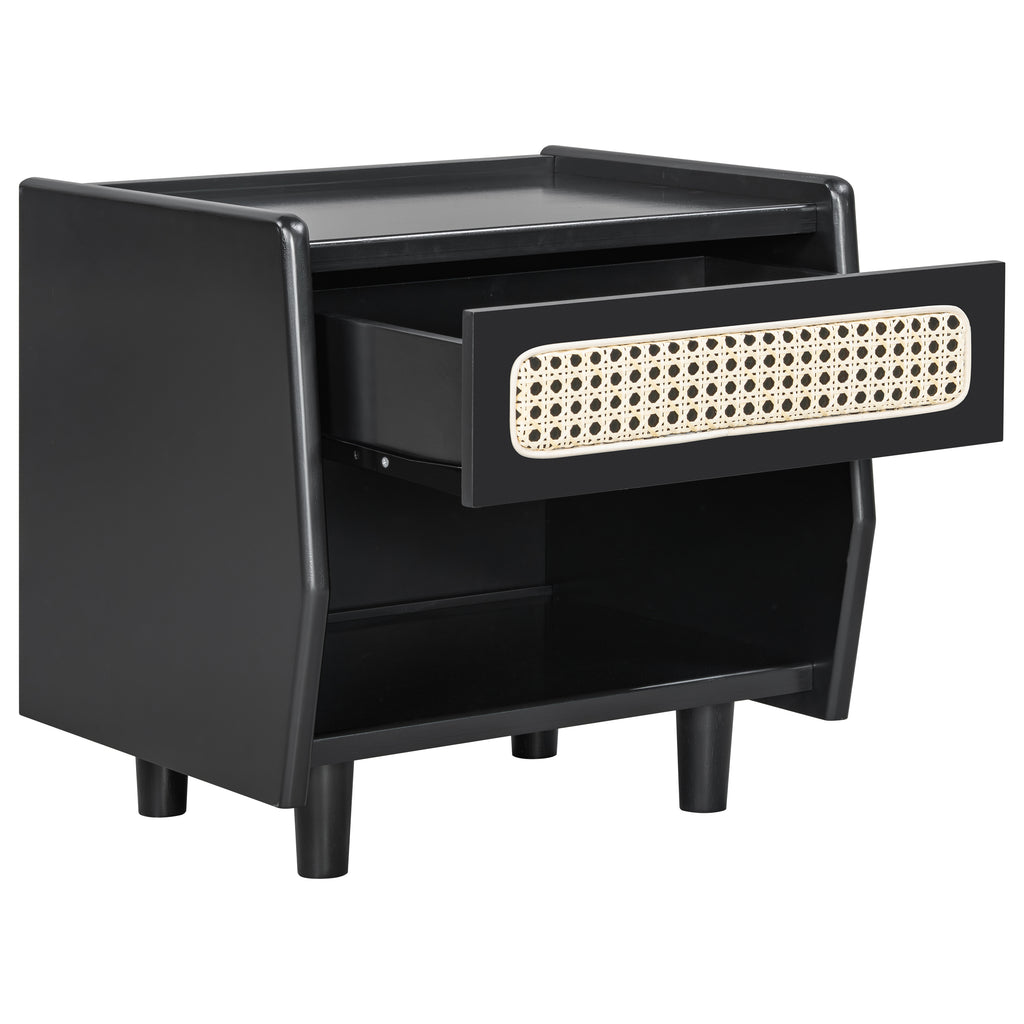 Black Nightstand with Rattan Detail