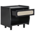 Black Nightstand with Rattan Detail