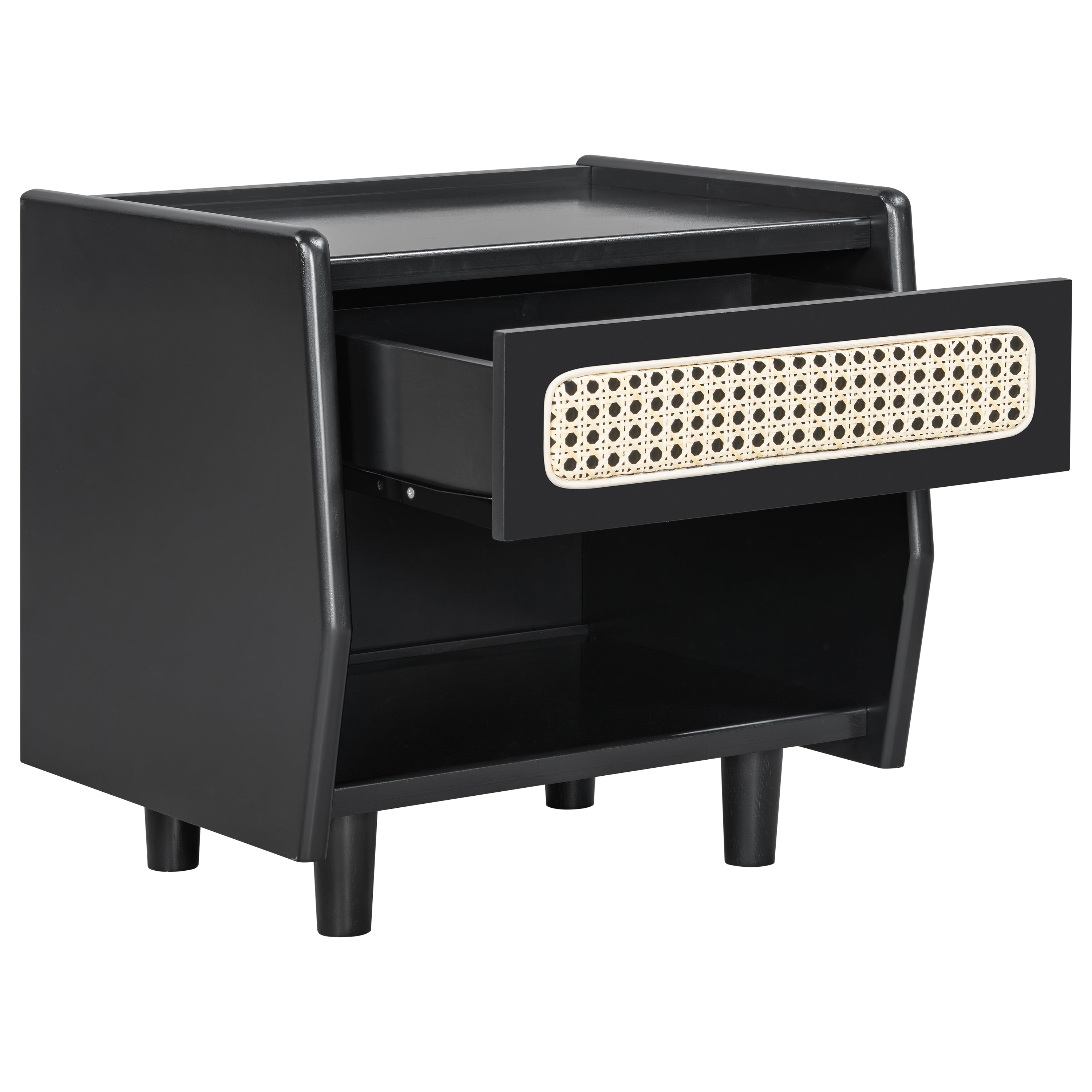 Black Nightstand with Rattan Detail
