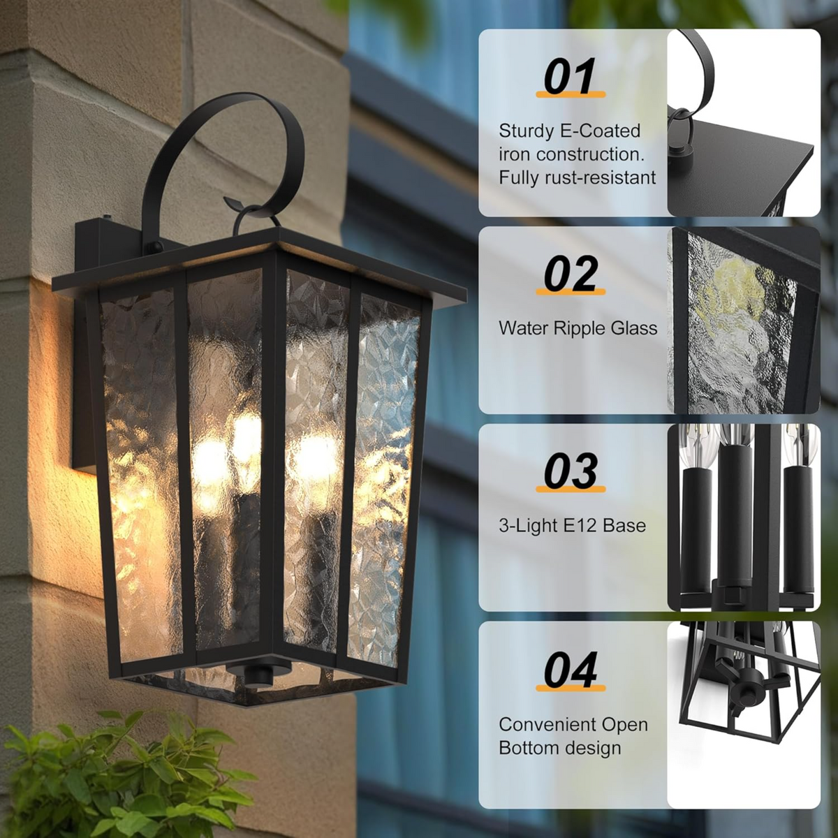 18.5" Dusk to Dawn Outdoor Wall Lantern, 3-Light, Black