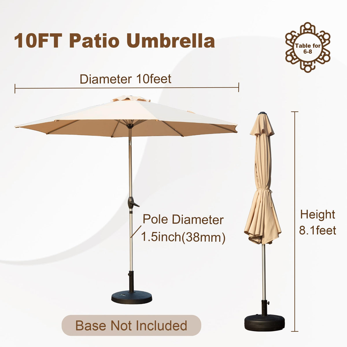 10FT Patio Umbrella, Outdoor Table Umbrella with Push Button Tilt and Crank, UV Protection Waterproof Market Sun Umbrella with 8 Sturdy Ribs for Garden, Deck, Backyard (Beige) –Base Not Included