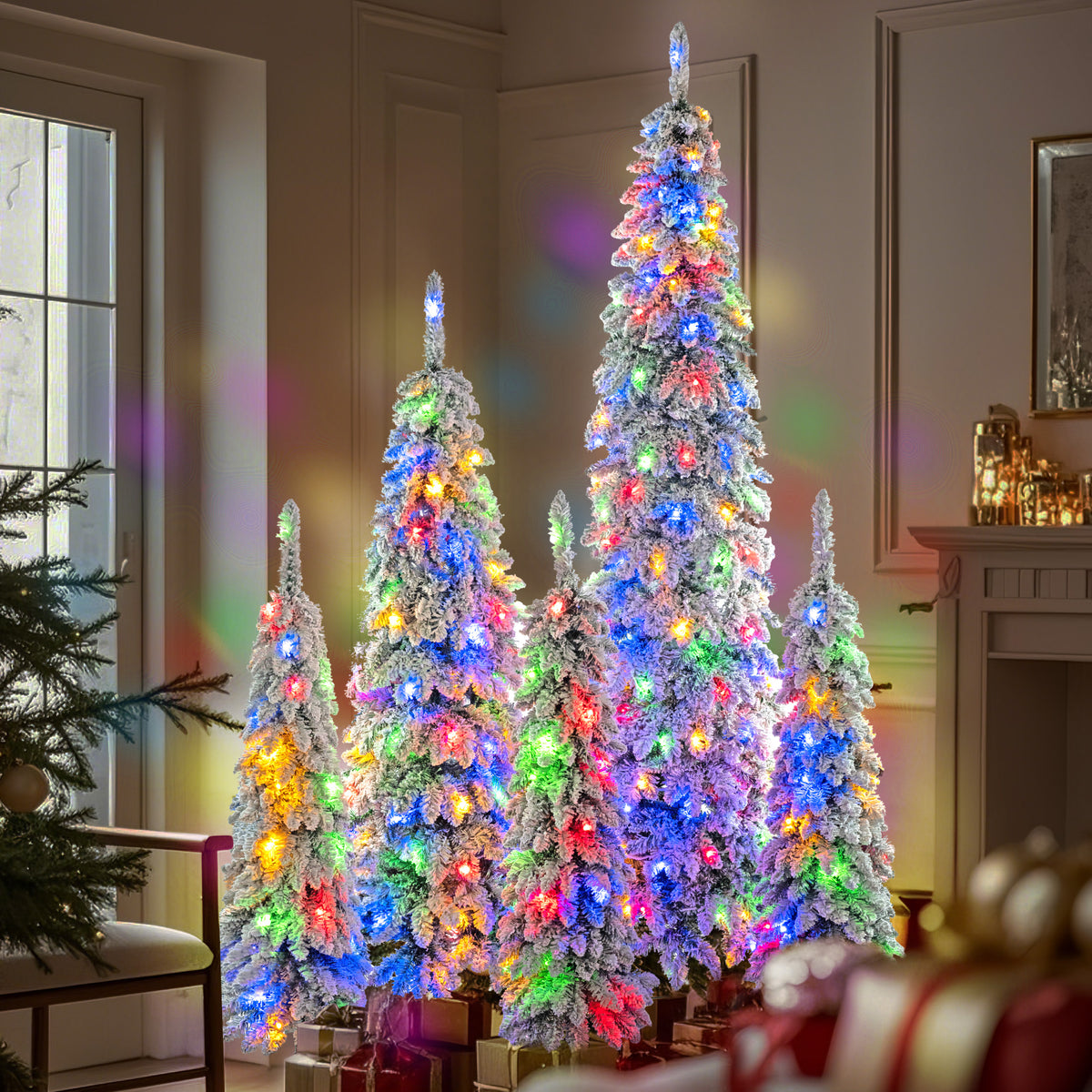 5-Piece Pre-Lit Pencil Christmas Tree Set, 8ft/6ft/4ft, Snow-Flocked, 350 LED Lights