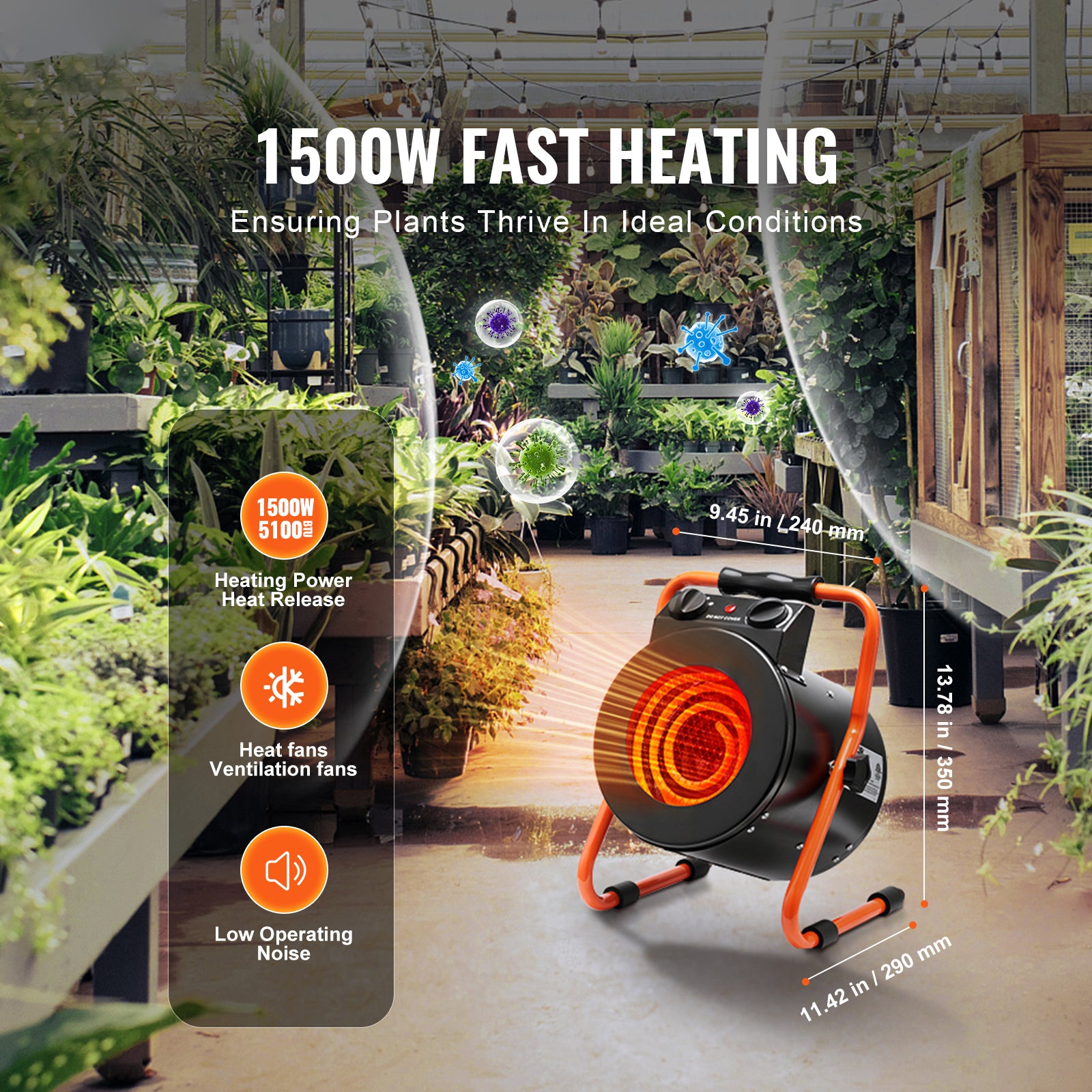 VEVOR Greenhouse Heater with Thermostat, 1500W Fast Heating