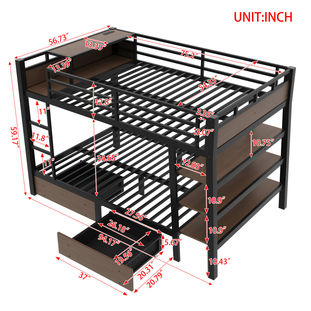 Full Size Metal Bunk Bed with Storage Shelves