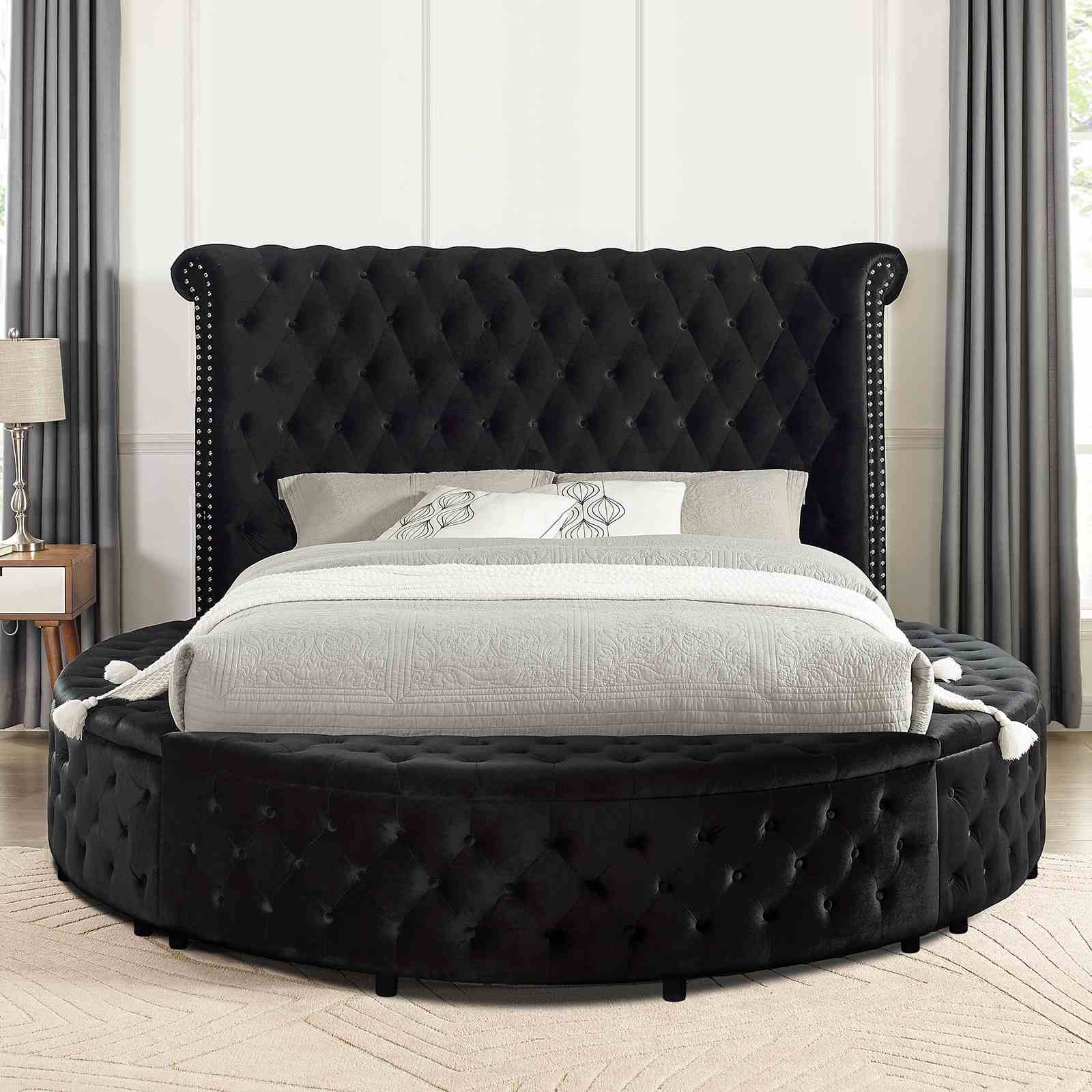 Glam 1pc King Size Bed Round Storage