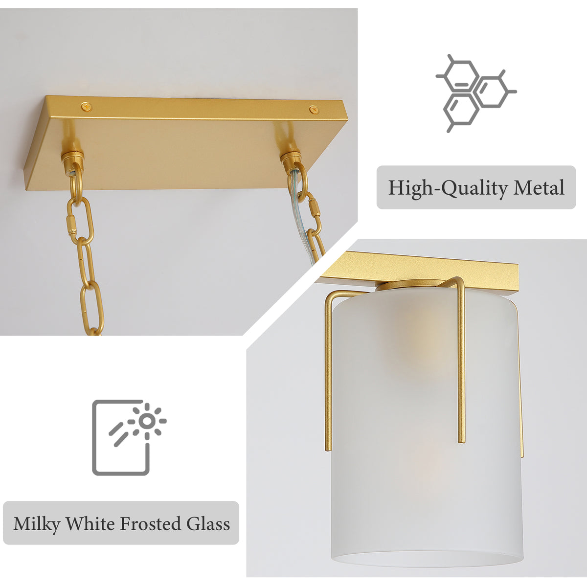 Modern Gold 3-Light Linear Chandelier with Frosted Glass Shades