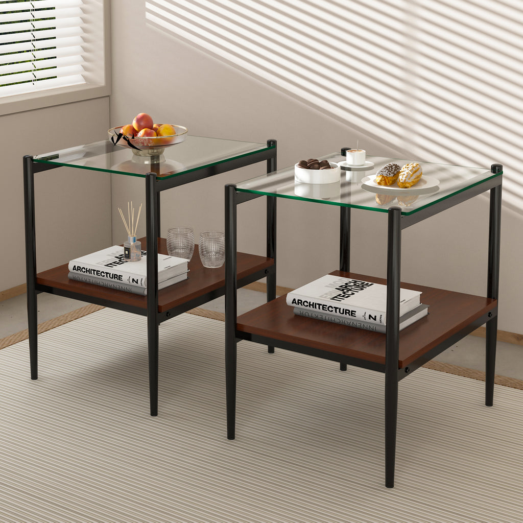Set of 2 Rectangle End Table with Tempered Glass Top