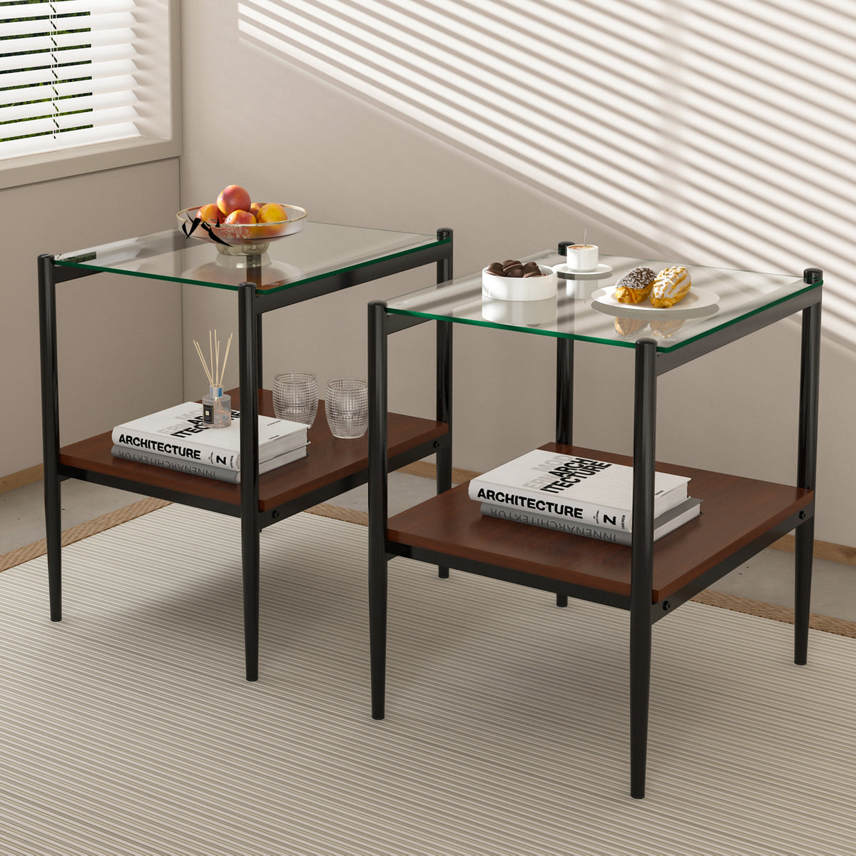 Set of 2 Rectangle End Table with Tempered Glass Top