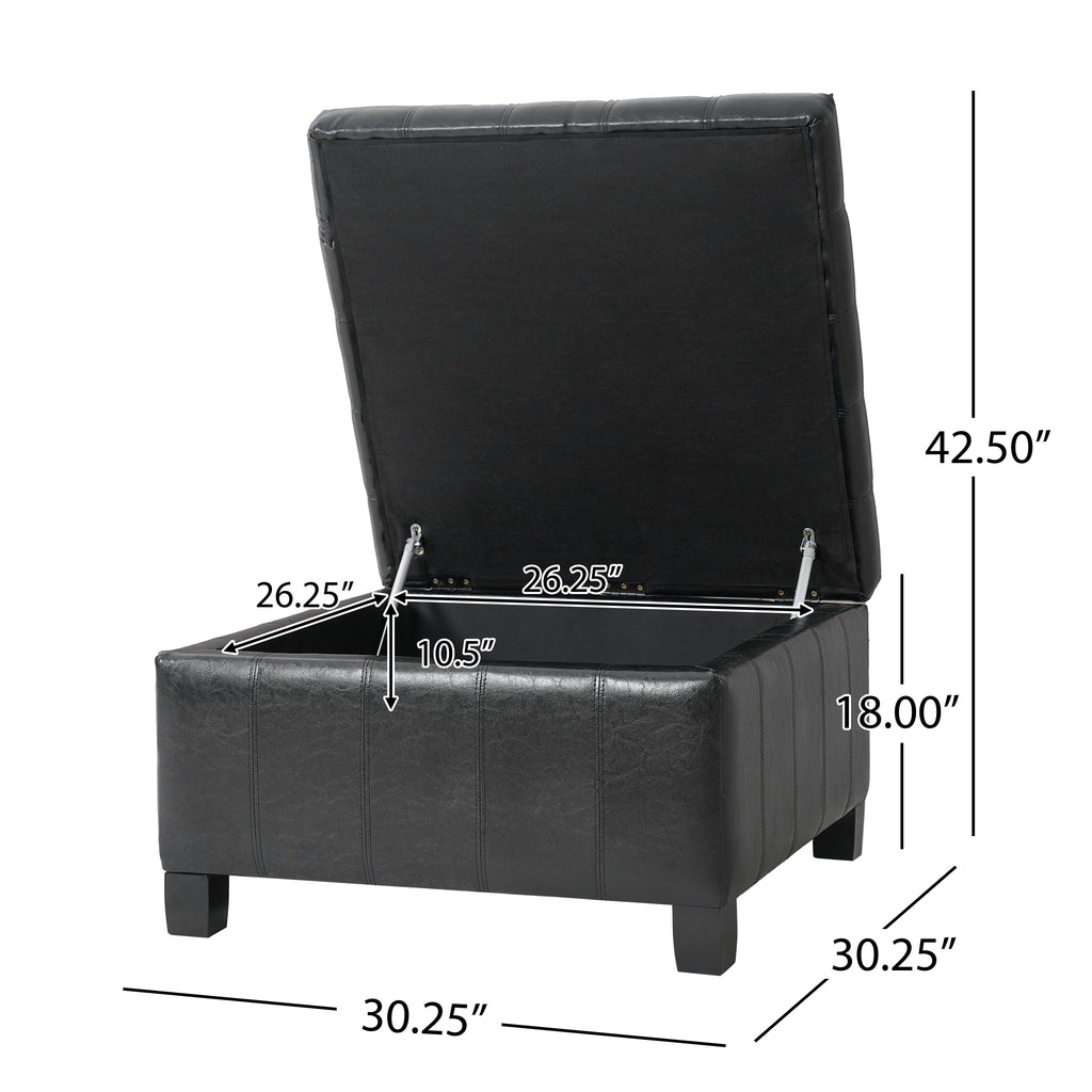 Black PU Storage Ottoman with Rubber Wood Legs