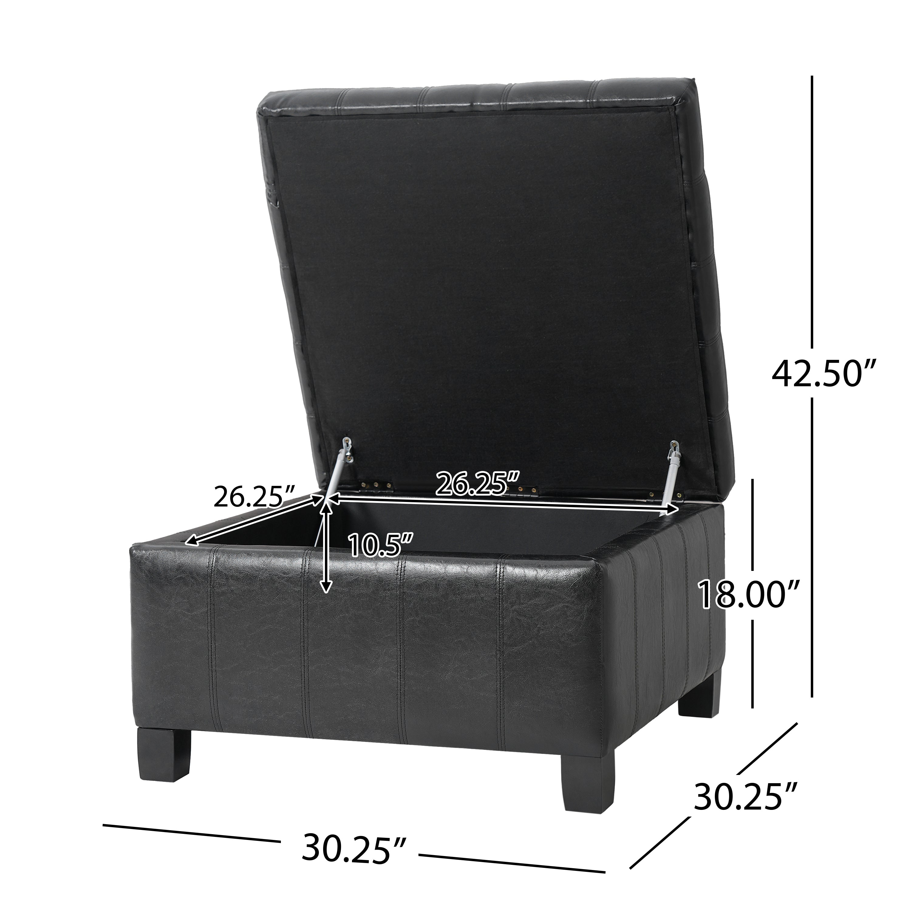 Black PU Storage Ottoman with Rubber Wood Legs