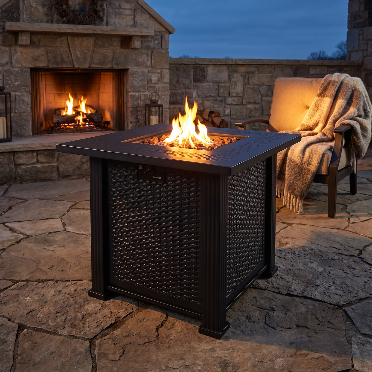 27.95-Inch Modern Outdoor Fire Pit Table with Lava Rocks, Black Steel