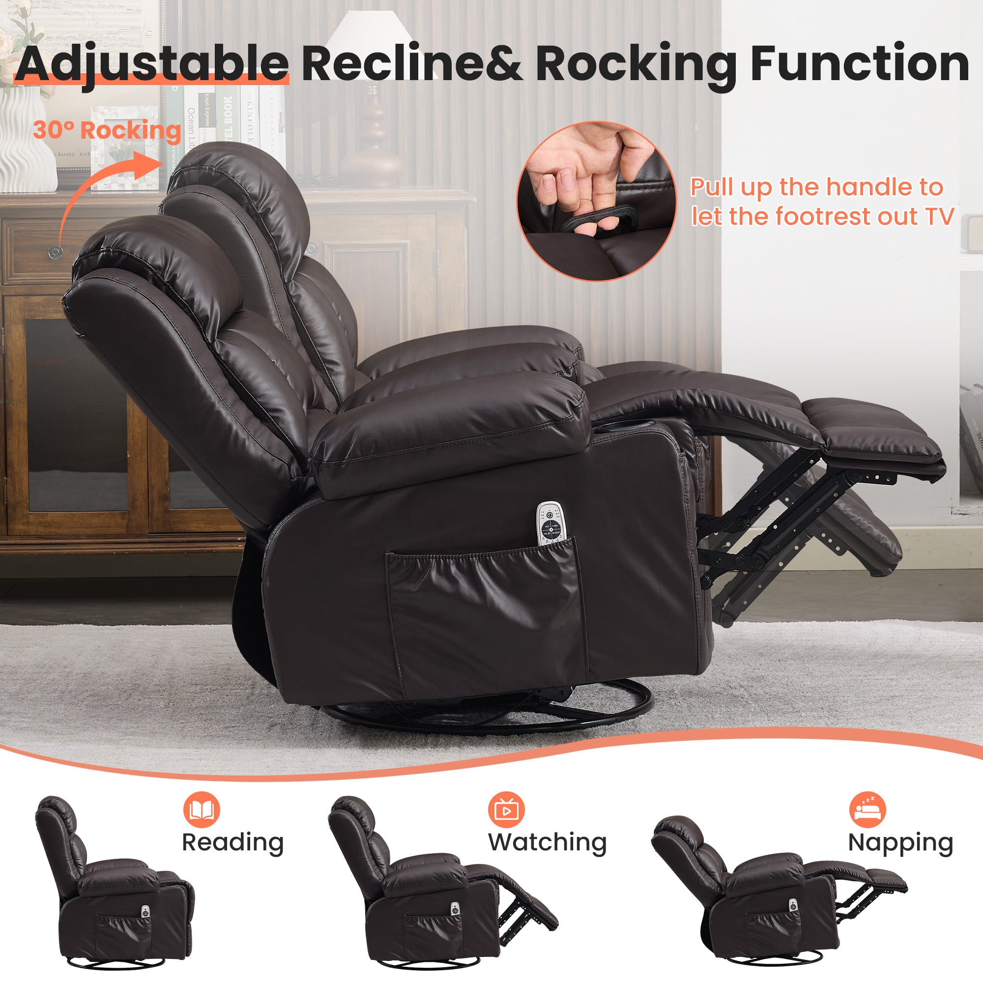360° Swivel Rocker Recliner with Vibration Massage and Heat
