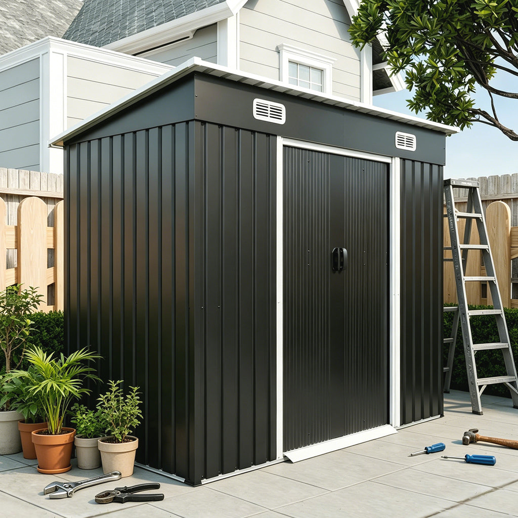 8x4ft Metal Shed, Sliding Door Galvanized Steel Shed