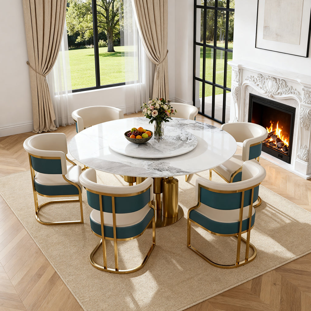 59" Round Sintered Stone Dining Table Set with Lazy Susan