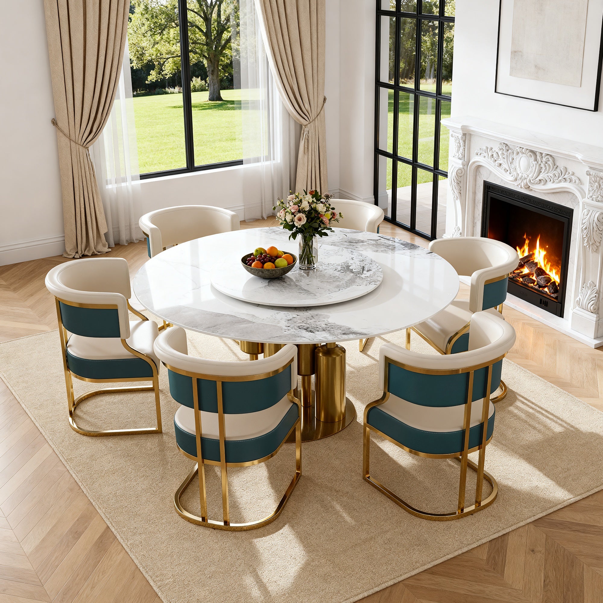 59" Round Sintered Stone Dining Table Set with Lazy Susan