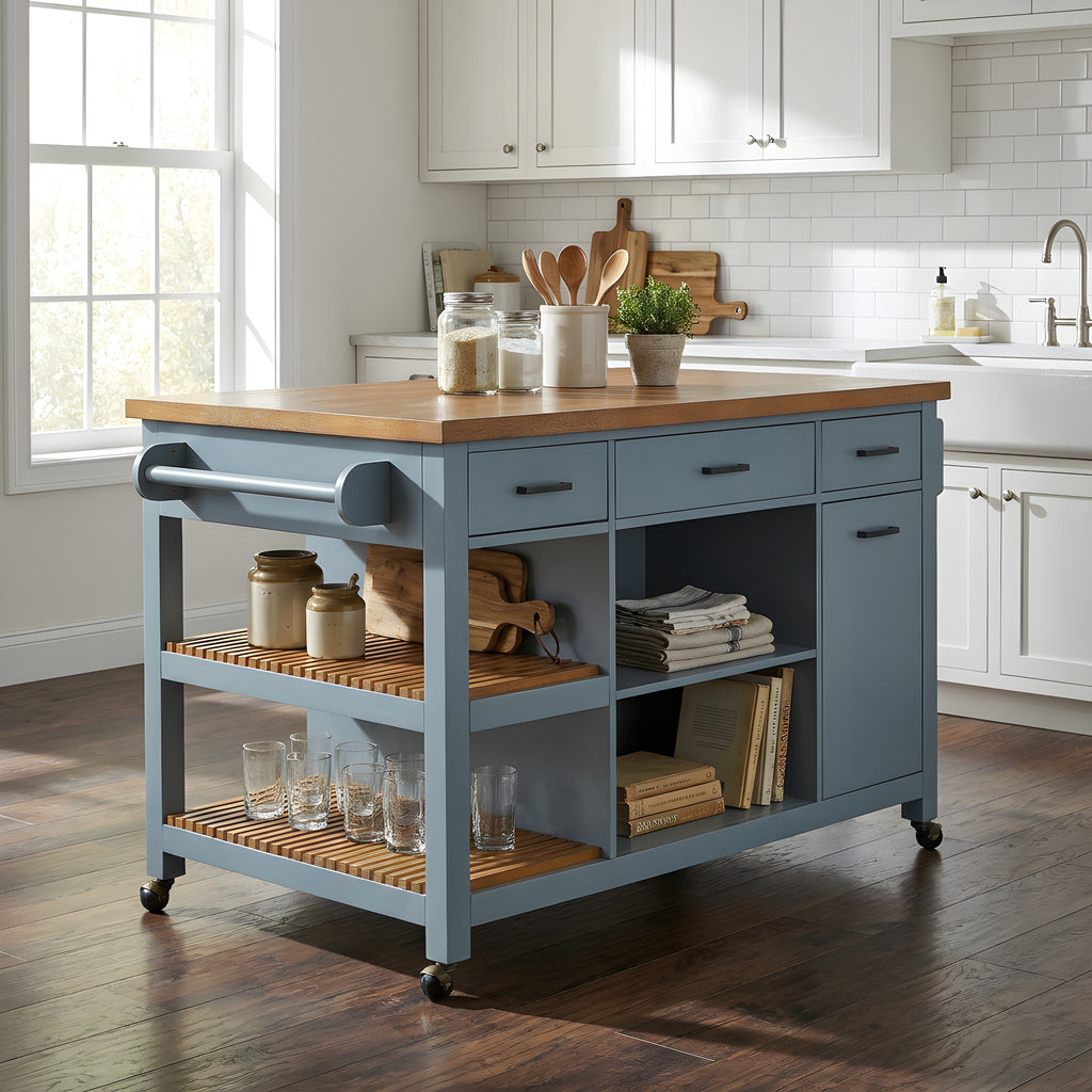 52" Kitchen Island Cart with Rubber Wood Top