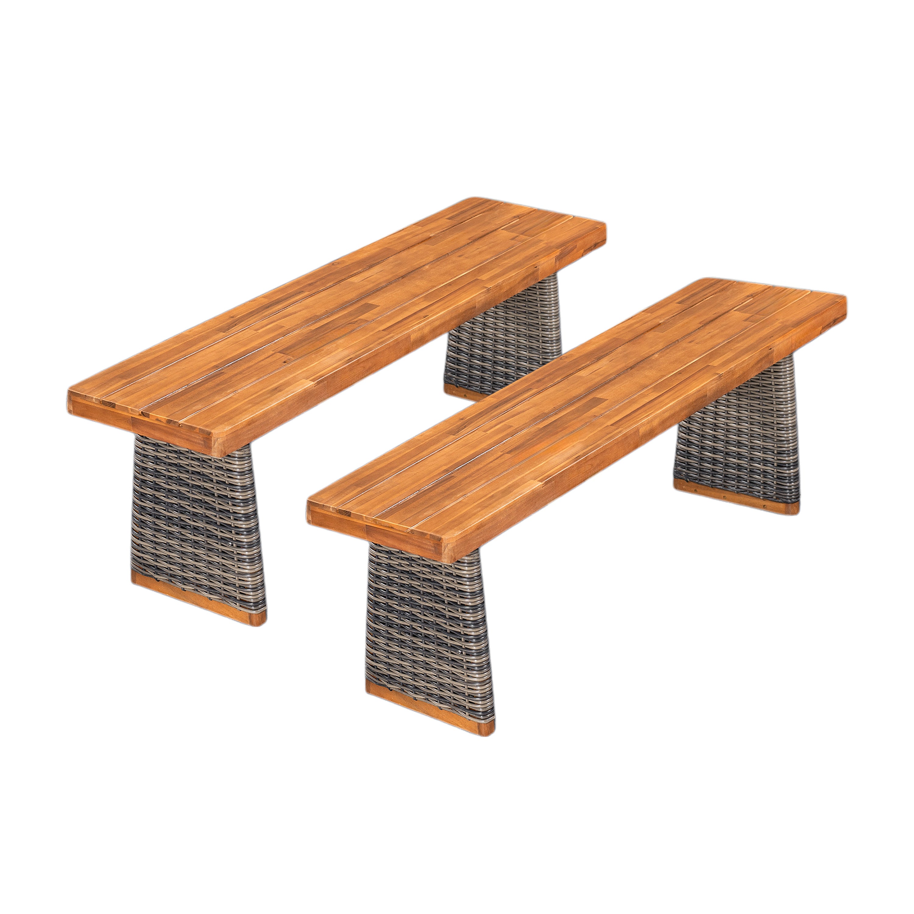Outdoor Acacia Wood Bench Set of 2 - Teak Finish