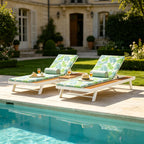 White Iron + Teak Finish Outdoor Chaise Lounge Set