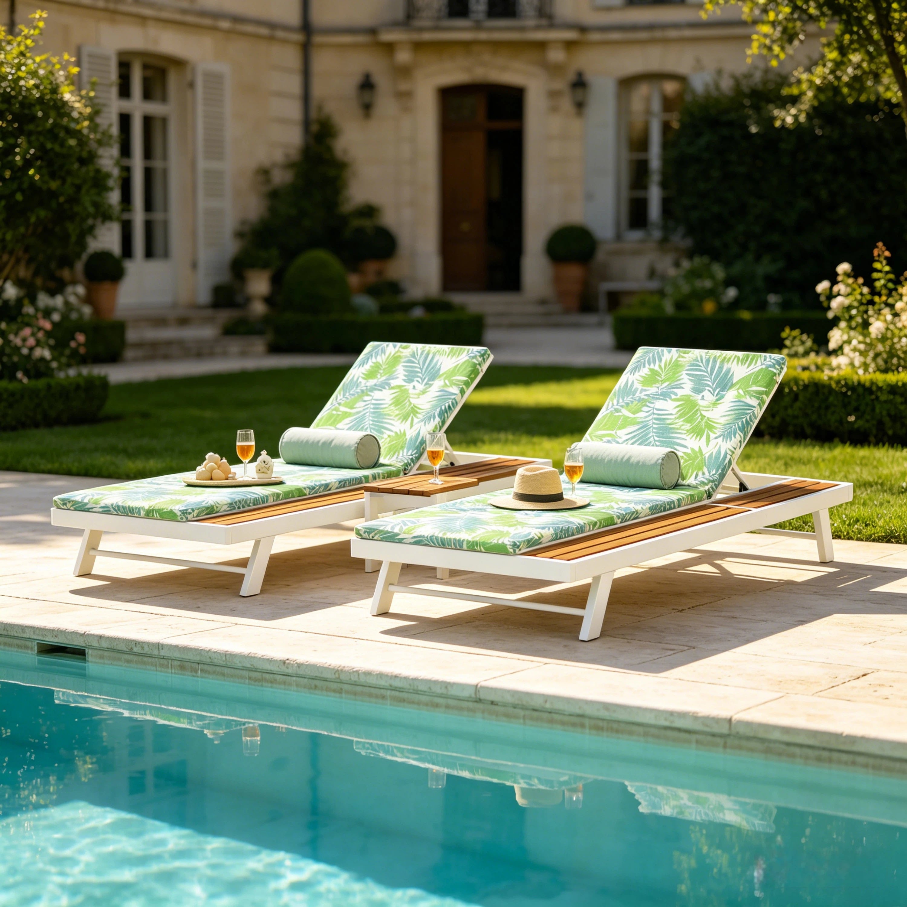 White Iron + Teak Finish Outdoor Chaise Lounge Set