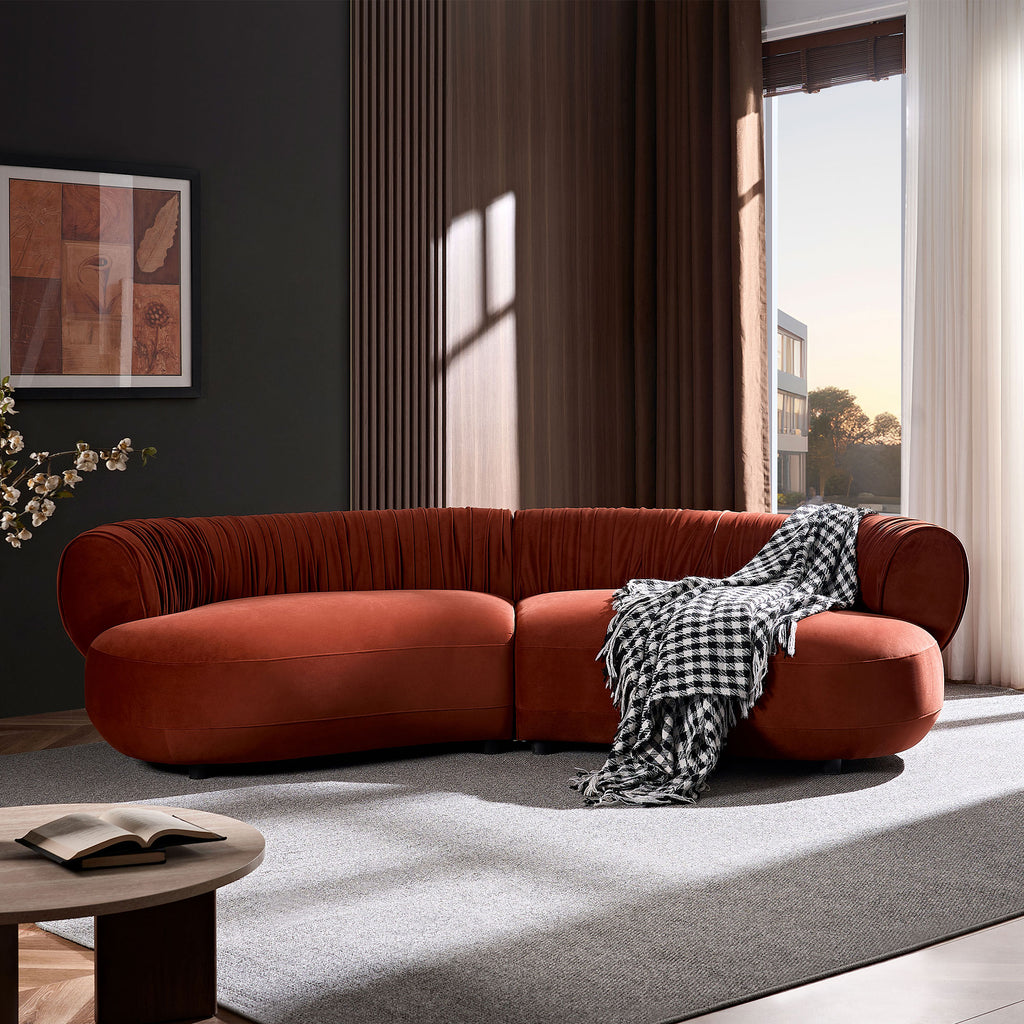 Modern Curved Sofa with Elegant Crescent Silhouette in Orange-Red