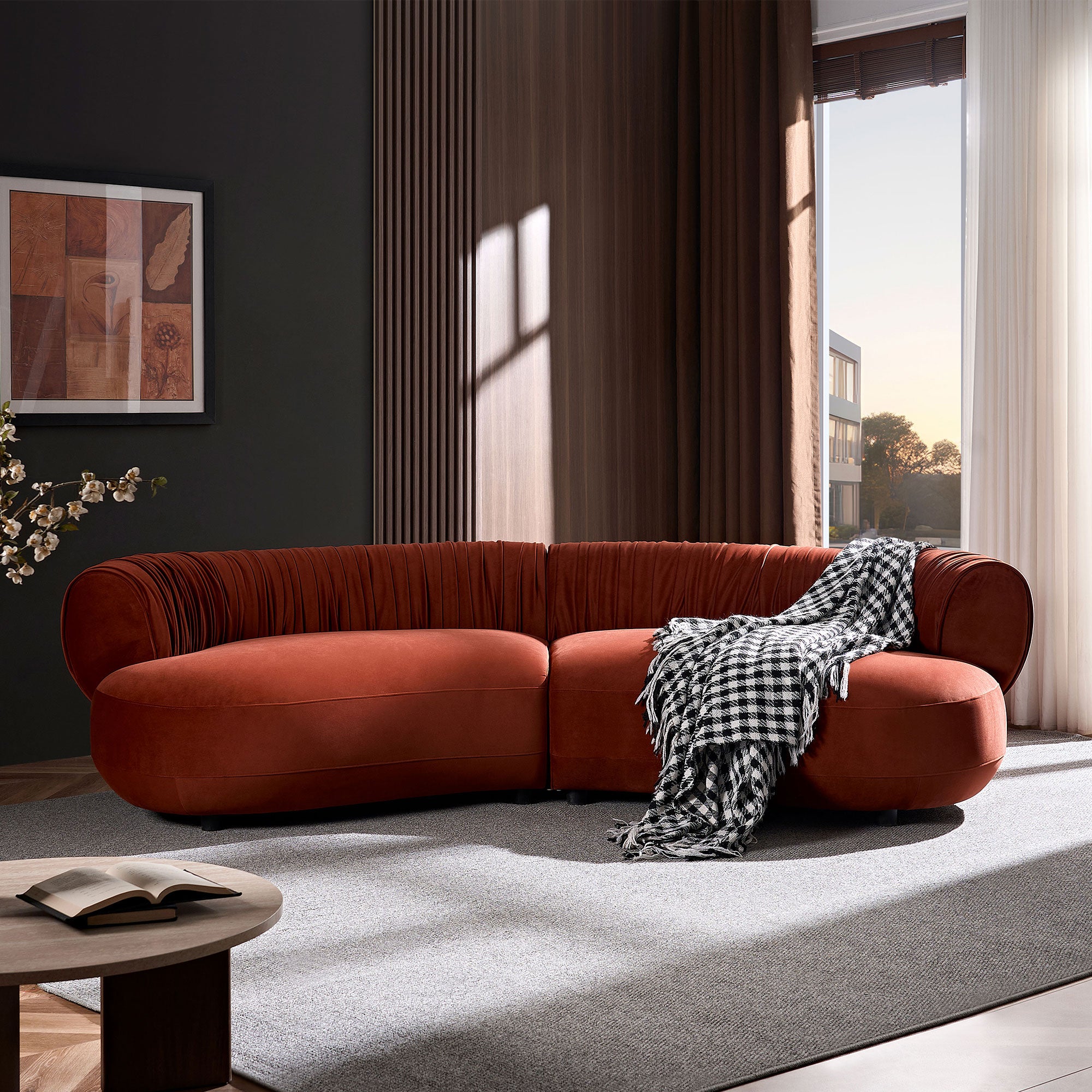 Modern Curved Sofa with Elegant Crescent Silhouette in Orange-Red