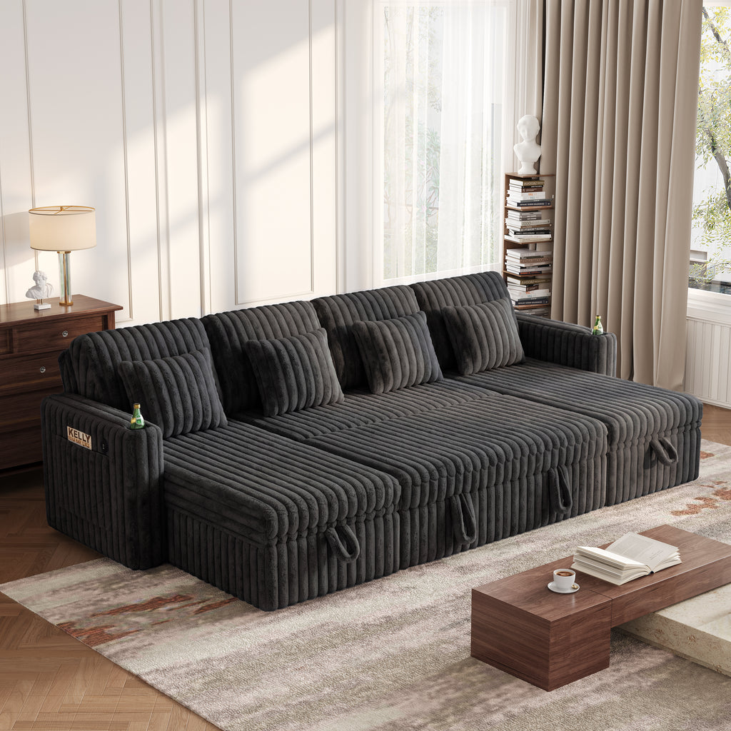 U Shaped Plush Corduroy Sectional Sleeper Sofa