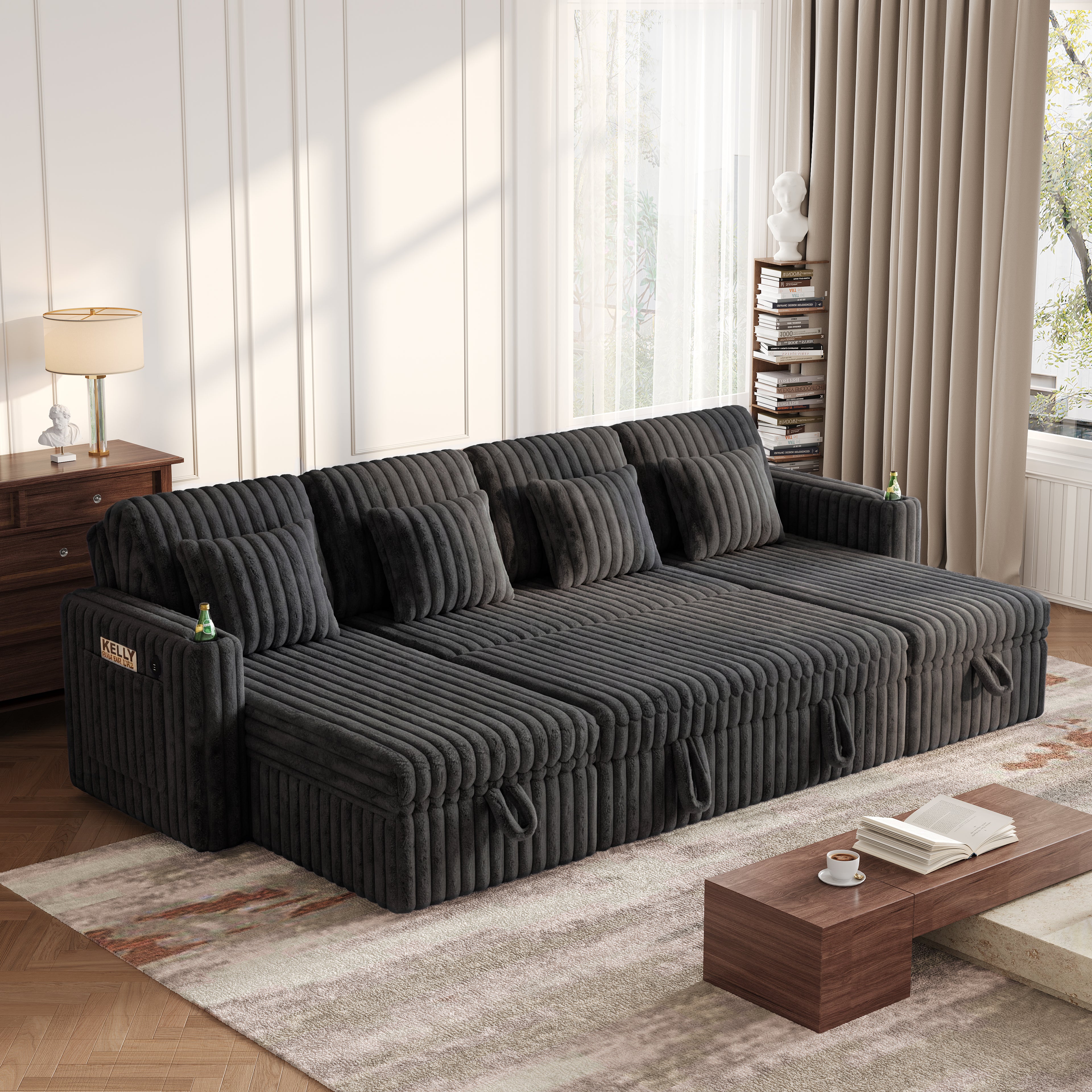 U Shaped Plush Corduroy Sectional Sleeper Sofa