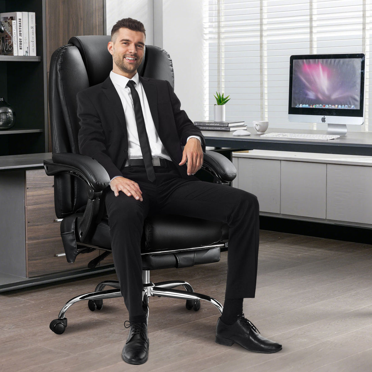 Massage Office Chair with Heat and 6 Vibration Points,Executive Office Chair with Foot Rest and Padded Armrests,Reclining Backrest and Wheels