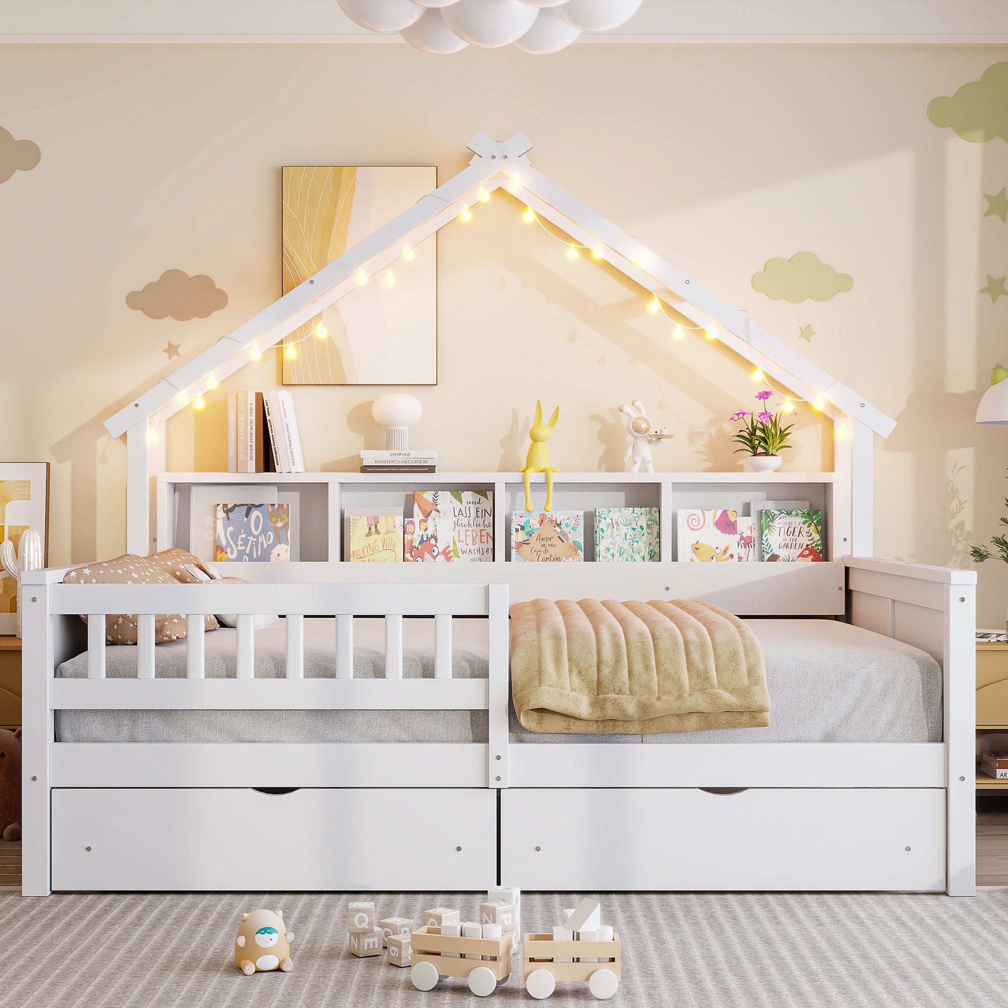 Wood Full Size House Platform Bed with LED, Storage Shelves, Drawers and Guardrail