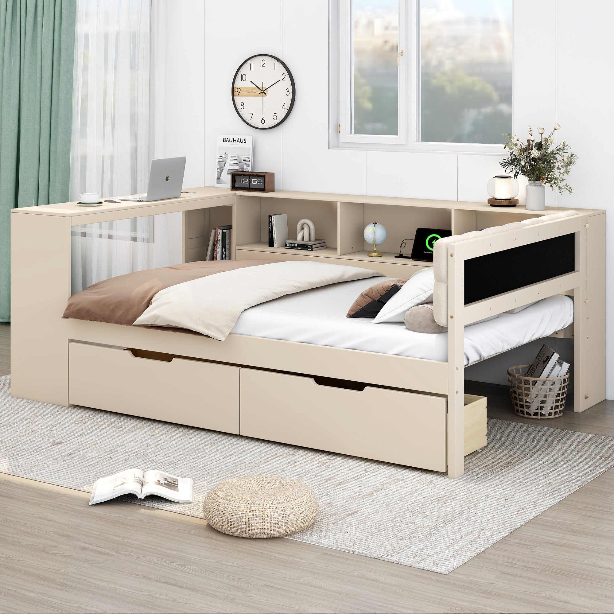 Wood Full Size Platform Bed with Storage Shelves, Drawers, Charging Station and Upholstered Headboard